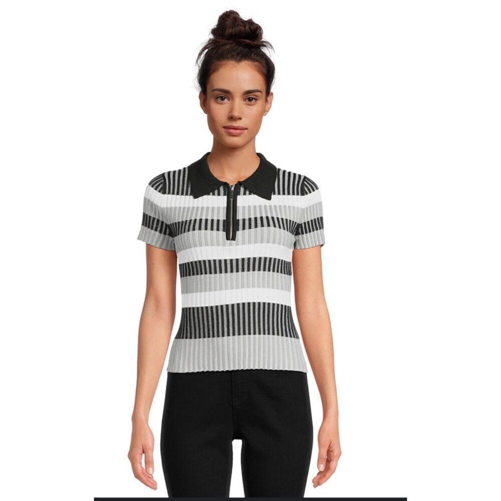 No Boundaries Women Ribbed Striped Short Sleeve Quarter Zip Top Size M(7-9) Juni